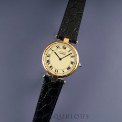 Cartier Must Vendôme VLC LM 590003 Quartz Caliber 90 SV925 Leather Strap with Genuine GP Buckle, Ivory Roman Dial, Overhauled