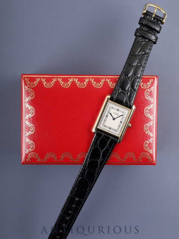 Cartier Must Tank LM 6 81006 Quartz Caliber 81 SV925 with Genuine GP Buckle, Silver Roman Dial, Circa 1982-1995, Box, Overhauled