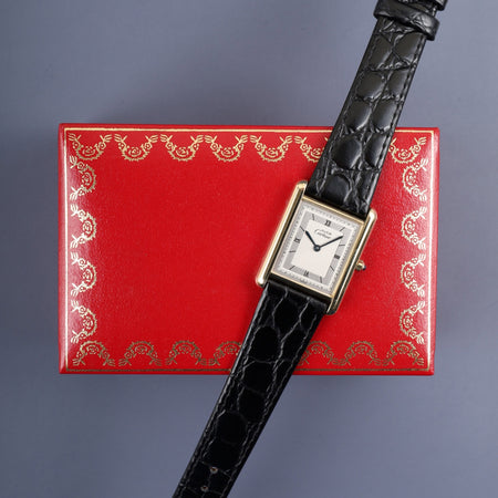 カルティエ マストタンク LM 6 81006 クォーツ Cal.81 SV925 純正尾錠（GP）シルバー飛びローマン文字盤 1982年頃～1995年頃 箱 オーバーホール済み