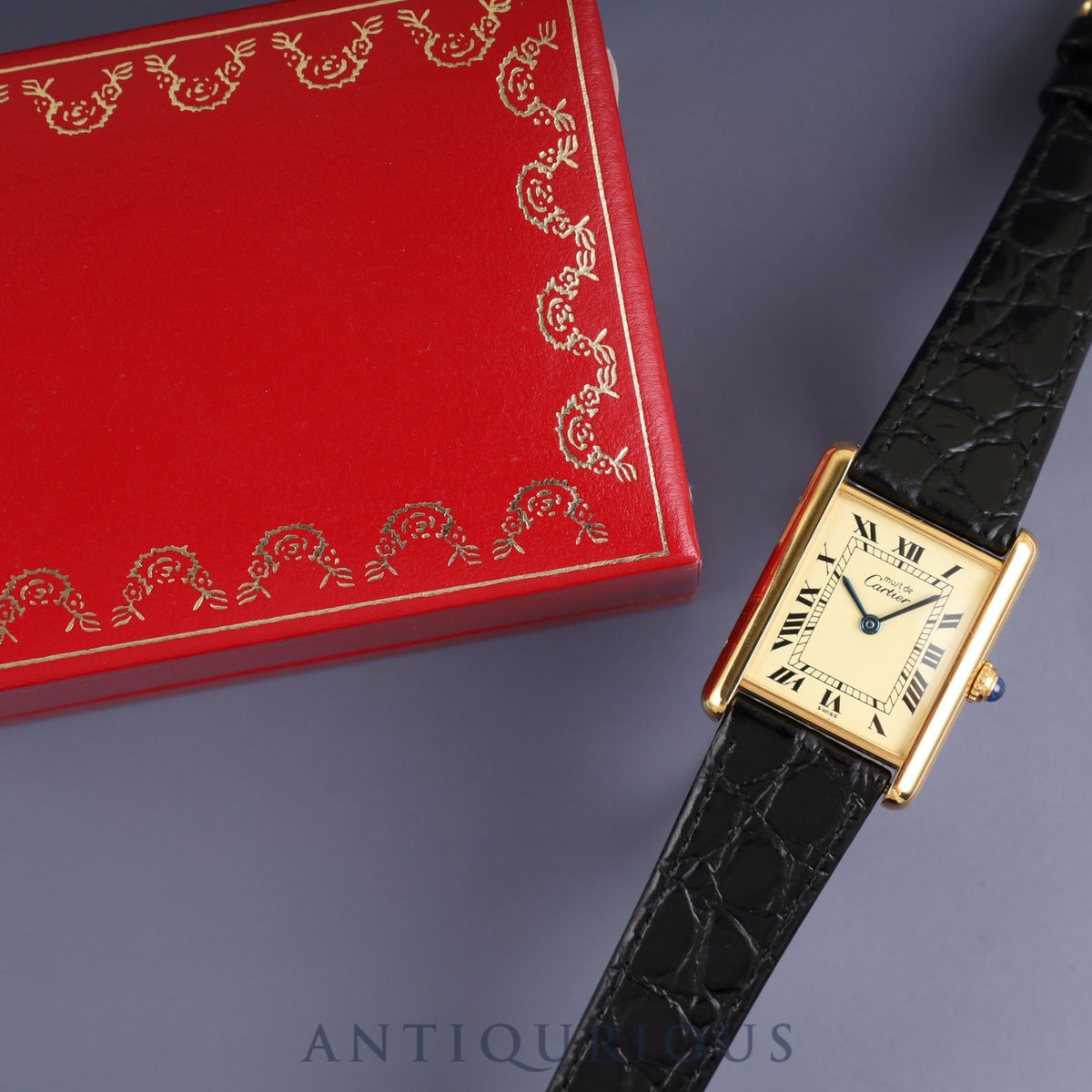 Cartier Must Tank LM 1615 Quartz Caliber 690 SV925 Leather Strap with Genuine GP Buckle, Ivory Roman Dial, Circa 1996-1998, Box, Overhauled