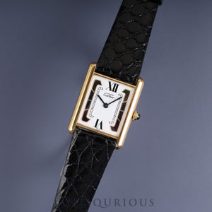 Cartier Must Tank LM 1615 / W1006254 Quartz Caliber 90 SV925 Leather Strap with Genuine GP Buckle, Trinity Dial, Overhauled