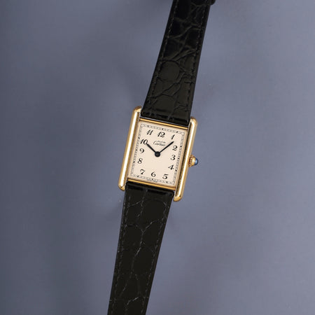 Cartier Must Tank LM 590005 Quartz SV925 Leather Genuine Pin Buckle (GP) Arabic Dial (SWISS MADE) Overhauled, Complete Service at Cartier Boutique