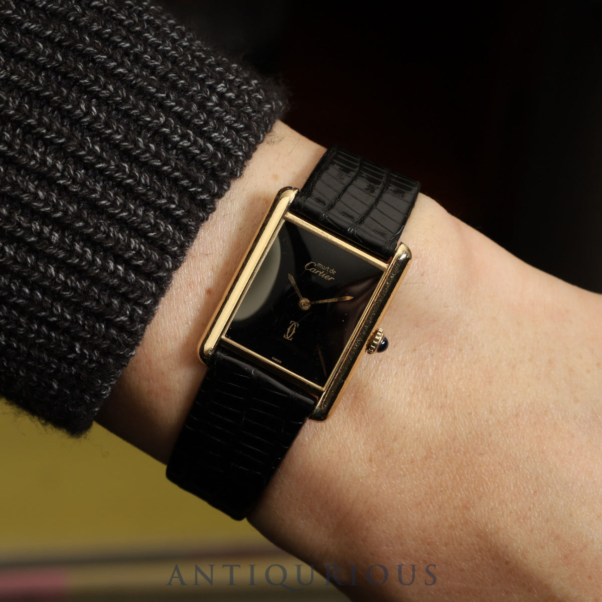 Cartier Must Tank LM Manual Winding Caliber 78-1 SV925 Leather Strap with Genuine GP Buckle, Onyx Dial, Circa 1976-1981, Overhauled