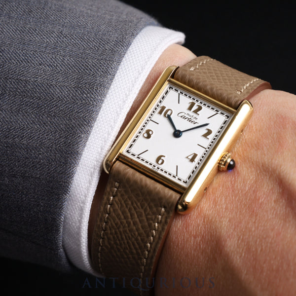 Cartier Must Tank LM 590005 Quartz Cal.90 SV925 Leather Genuine Buckle (GP) Flying Arabic CC Dial Overhauled