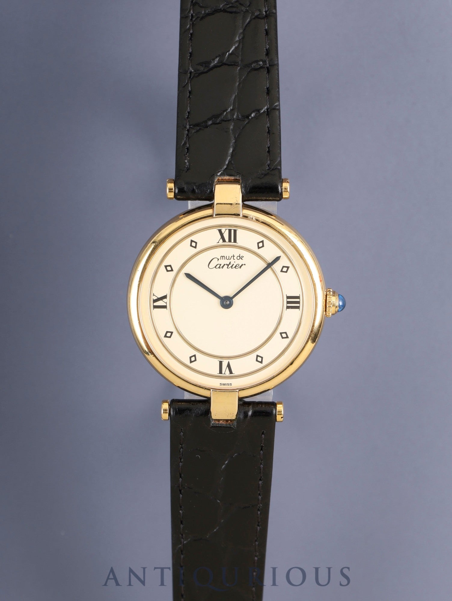 カルティエ マスト ヴァンドーム VLC LM 590003 クォーツ Cal.90 SV925 革 純正尾錠（GP）アイボリー4点ローマン文字盤 箱 保証書（1993年）オーバーホール済み