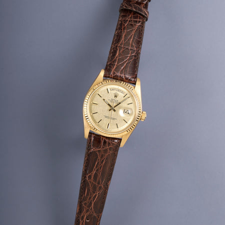 ロレックス デイデイト 1803 自動巻き Cal.1556 750YG 革 純正ピンバックル（GP）シグマダイアル シャンパン文字盤 34番台（1971年）オーバーホール済み