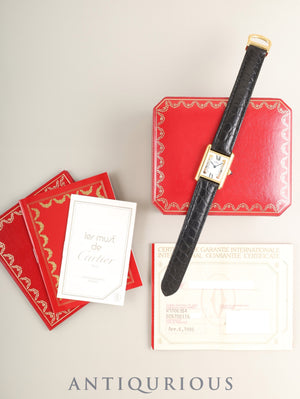 Cartier Must Tank SM 5057001 Quartz Cal.057 SV925 Leather Genuine Deployant Buckle (GP) Side Trinity Dial (SWISS marking) Box, Booklets, Warranty (1995 / with personal name) Overhauled, Polished