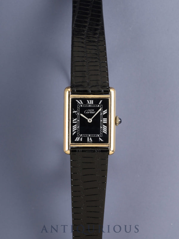 Cartier Must Tank LM Manual Winding Caliber ETA2512 SV925 Leather Strap with Genuine GP Buckle, Black Roman Dial (SWISS Marking), Overhauled