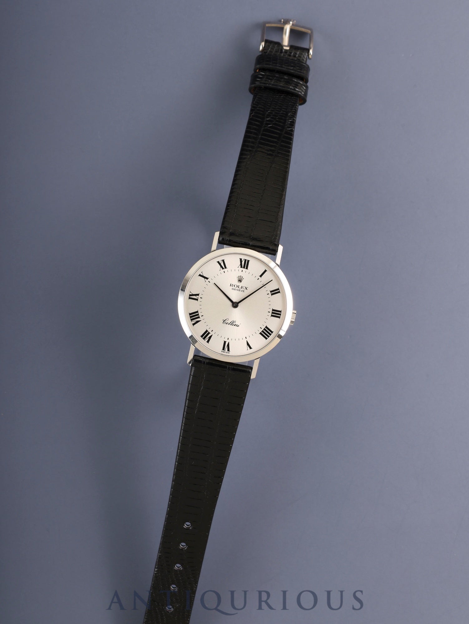 ロレックス チェリーニ 4112-9 手巻き Cal.1601 750WG 革 純正ピンバックル（750WG ）シルバーローマン文字盤 32mm 43番台（1975年） 箱 純正レザーベルト付き オーバーホール済み