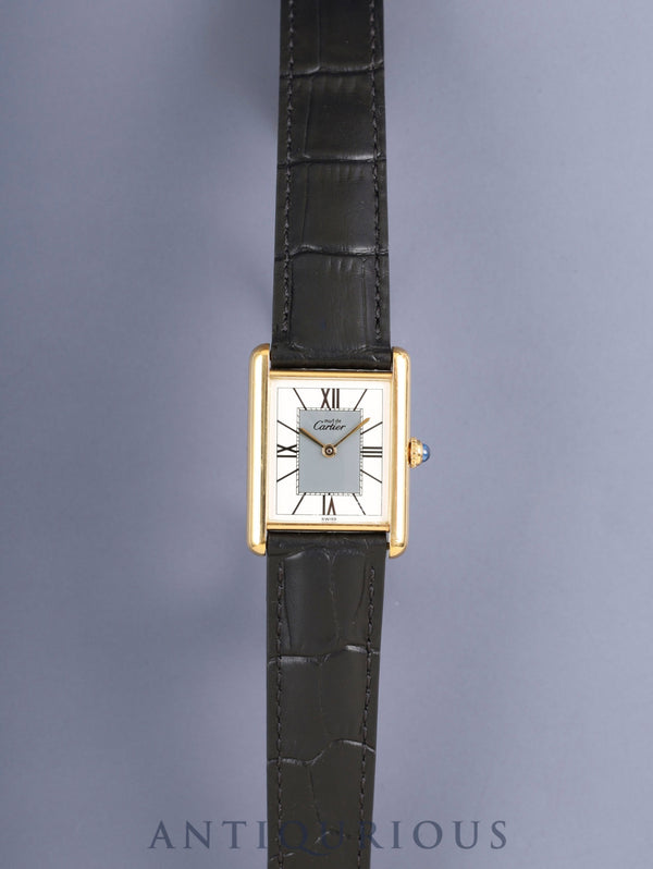 カルティエ マストタンク LM 590005 クォーツ Cal.90 SV925 革 純正Dバックル（GP）センターグレー飛びローマン文字盤（SWISS表記）オーバーホール済み