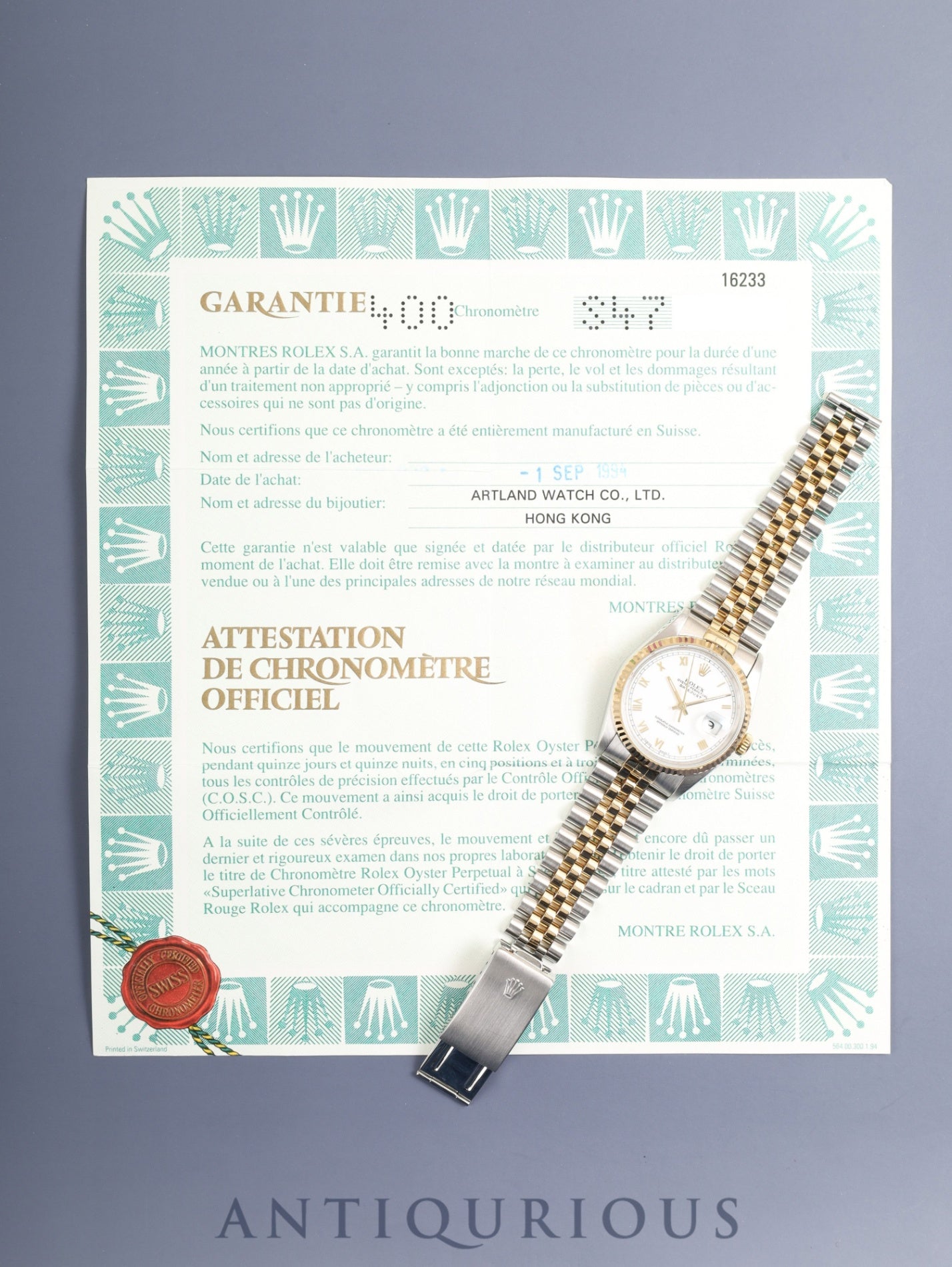 ロレックス デイトジャスト 16233 自動巻き Cal.3135 SS/YG SS/YG ホワイトローマン文字盤 S番台（1993年）保証書（1994年） オーバーホール済み