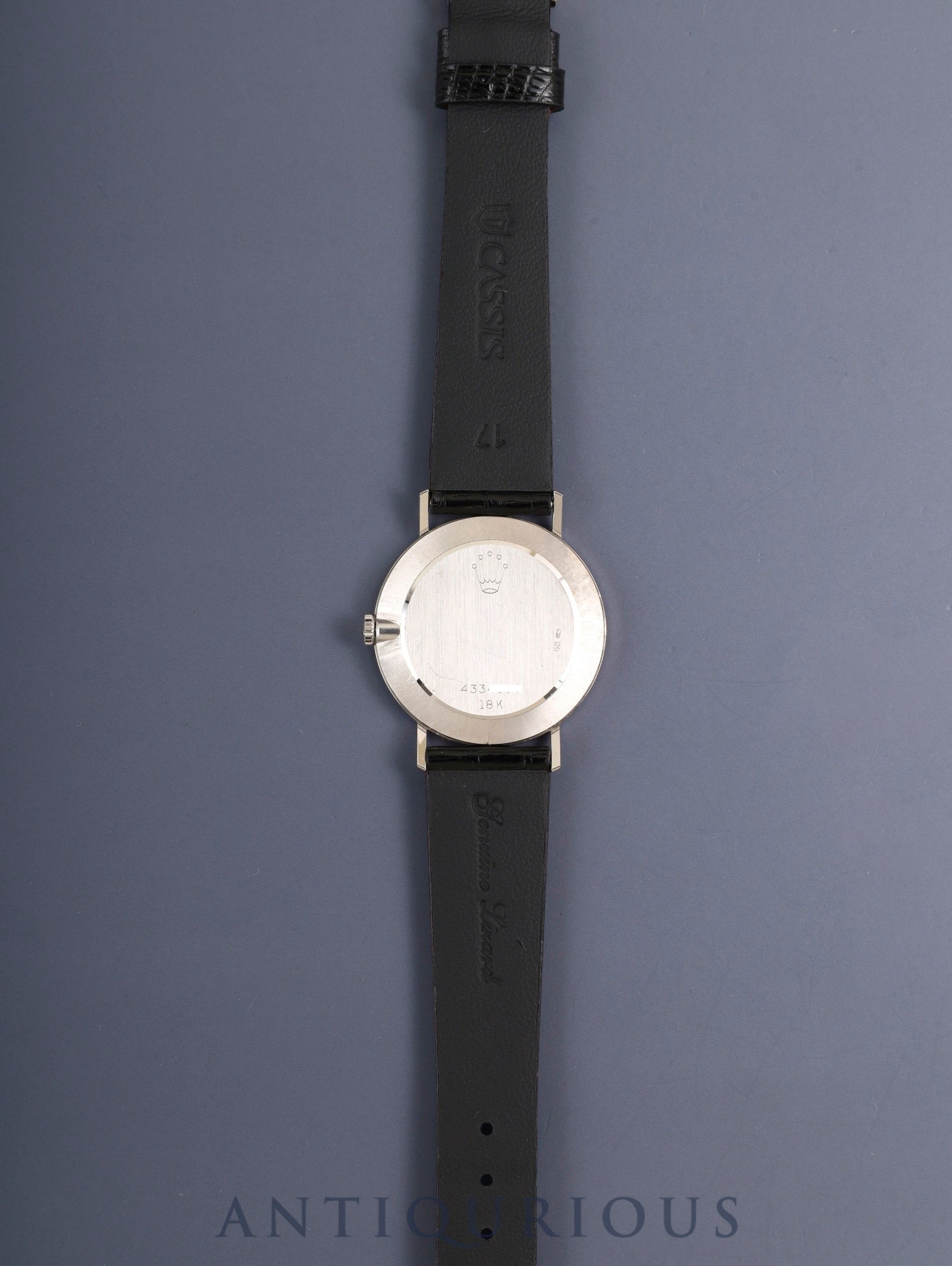 ロレックス チェリーニ 4112-9 手巻き Cal.1601 750WG 革 純正ピンバックル（750WG ）シルバーローマン文字盤 32mm 43番台（1975年） 箱 純正レザーベルト付き オーバーホール済み