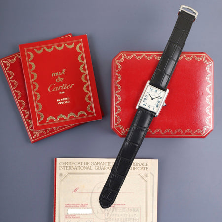 カルティエ マストタンク LM 6900006 / W1001465 クォーツ Cal.690 SV925 革 純正Dバックル（SS） ホワイトローマン文字盤 箱 冊子 保証書（1995年） オーバーホール済み 新品仕上げ済み