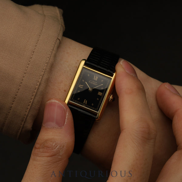 Cartier Must Tank LM 590005 Quartz Cal.90 SV925 Leather Genuine Buckle (GP) Black Roman Dial Overhauled Newly Finished