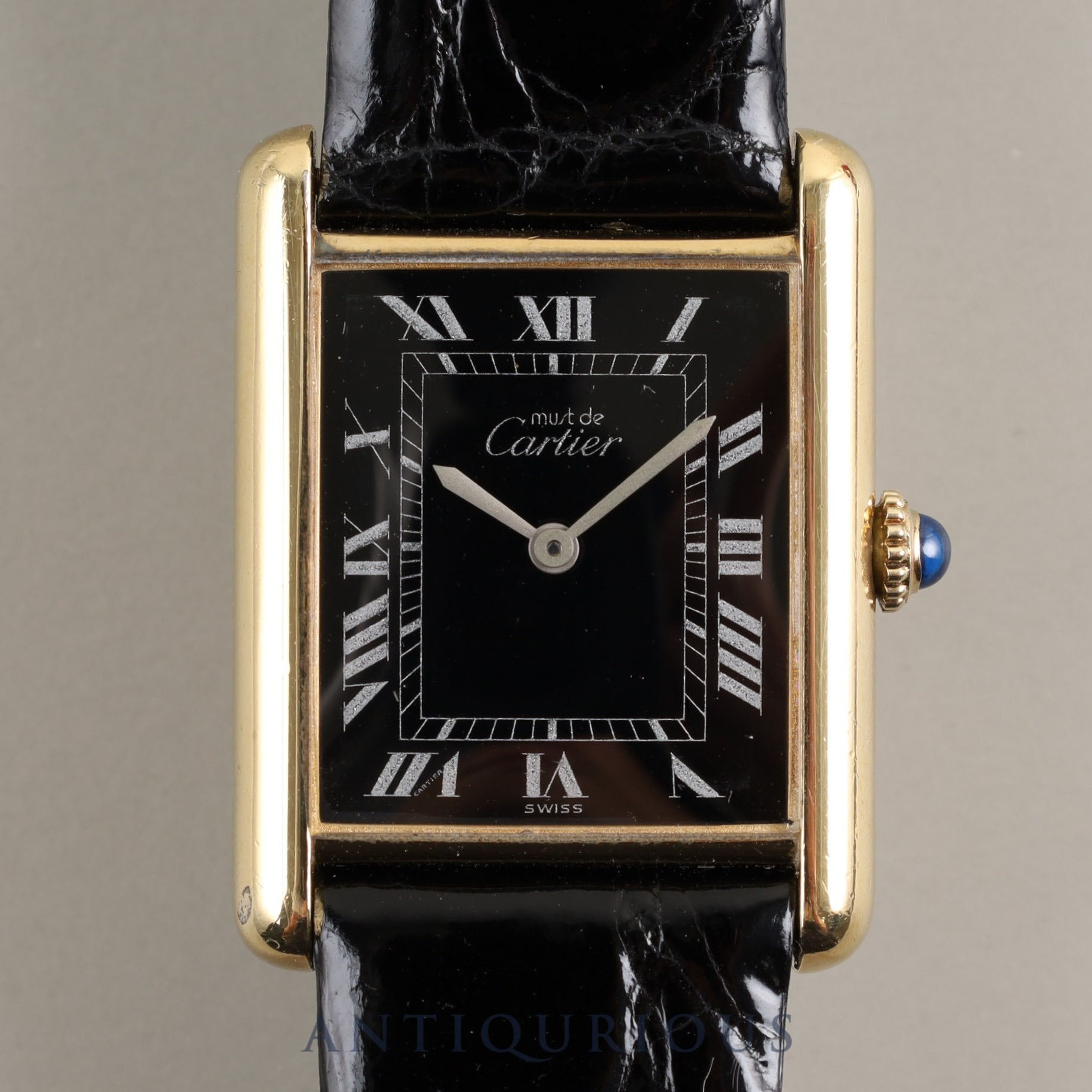 Cartier Must Tank LM 19749 o/w Hand-wound Cal.78-1 SV925 Leather Genuine buckle (GP) Black Roman dial Box Warranty (1980)