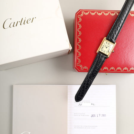 カルティエ マストタンク MM 2415 クォーツ Cal.057 SV925 革 純正Dバックル （GP）アイボリーローマン文字盤（SWISS MADE表記）箱 冊子 保証書（2003年）オーバーホール済み