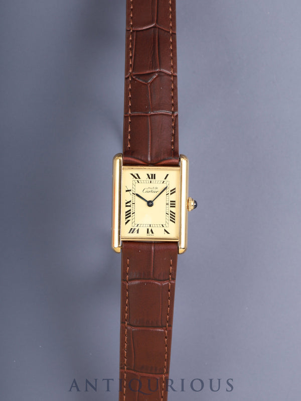 Cartier Must Tank LM 590005 Quartz Caliber 90 SV925 Leather Strap with Genuine GP Buckle, Ivory Roman Dial (SWISS Marking), Overhauled