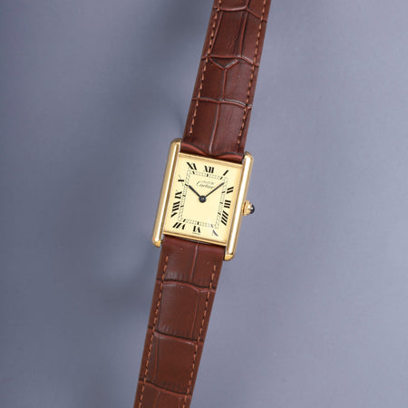 カルティエ マストタンク LM 590005 クォーツ Cal.90 SV925 革 純正尾錠（GP）アイボリーローマン文字盤（SWISS表記） オーバーホール済み