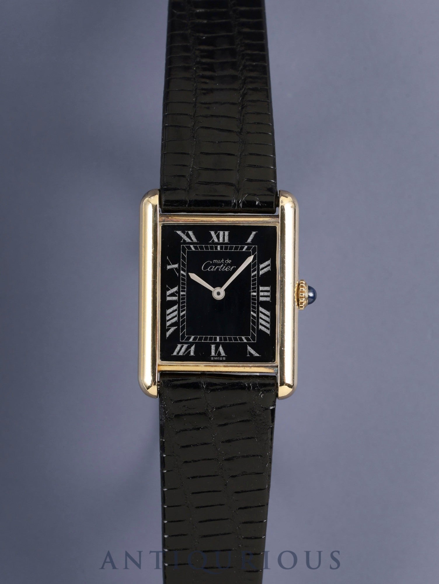 Cartier Must Tank LM Manual Winding Caliber 78-1 SV925 Leather Watch with Genuine Pin Buckle (GP) Black Roman Dial (SWISS Marking) Overhauled