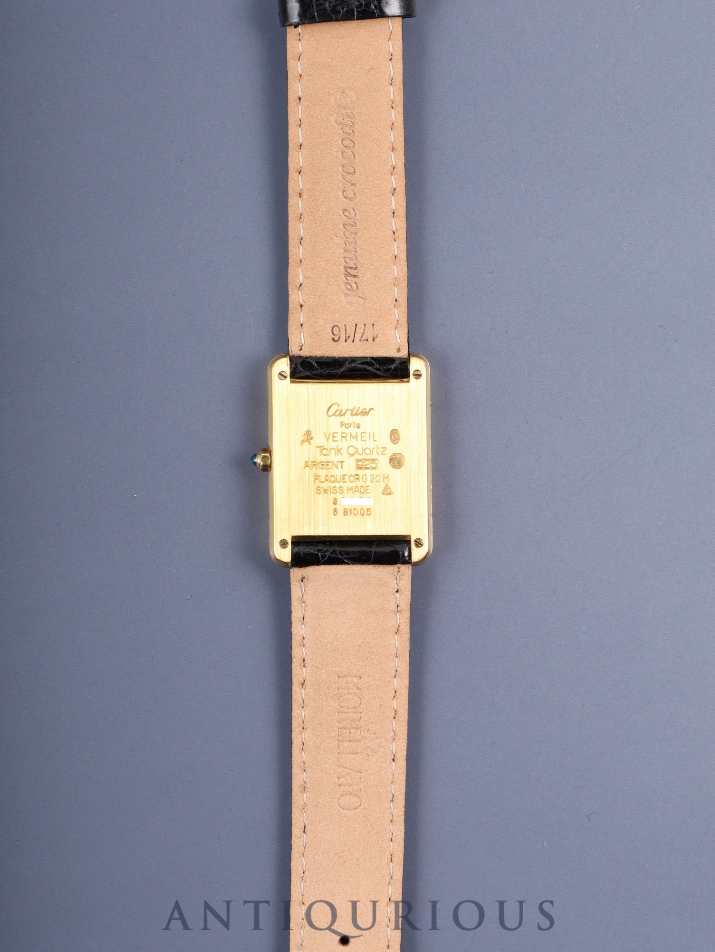 Cartier Must Tank LM 681006 Quartz Caliber 81 SV925 Leather Strap with Genuine GP Buckle, Onyx Dial, Overhauled and Polished to Look Like New