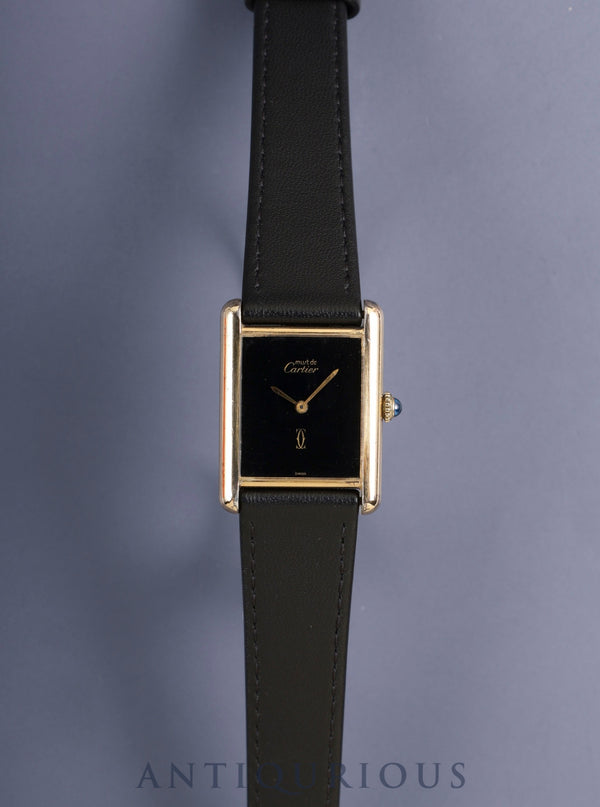 Cartier Must Tank LM Manual Winding Caliber 78-1/ETA2512-1 SV925 Leather Strap with Genuine GP Buckle, Onyx Dial (SWISS Marking), Overhauled