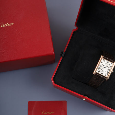 カルティエ タンクルイカルティエ XL W1560003 / 3185 自動巻き Cal.9753MC AU750 革 純正Dバックル（AU750）シルバーギョーシェ文字盤 箱 保証書（2017年） オーバーホール済み