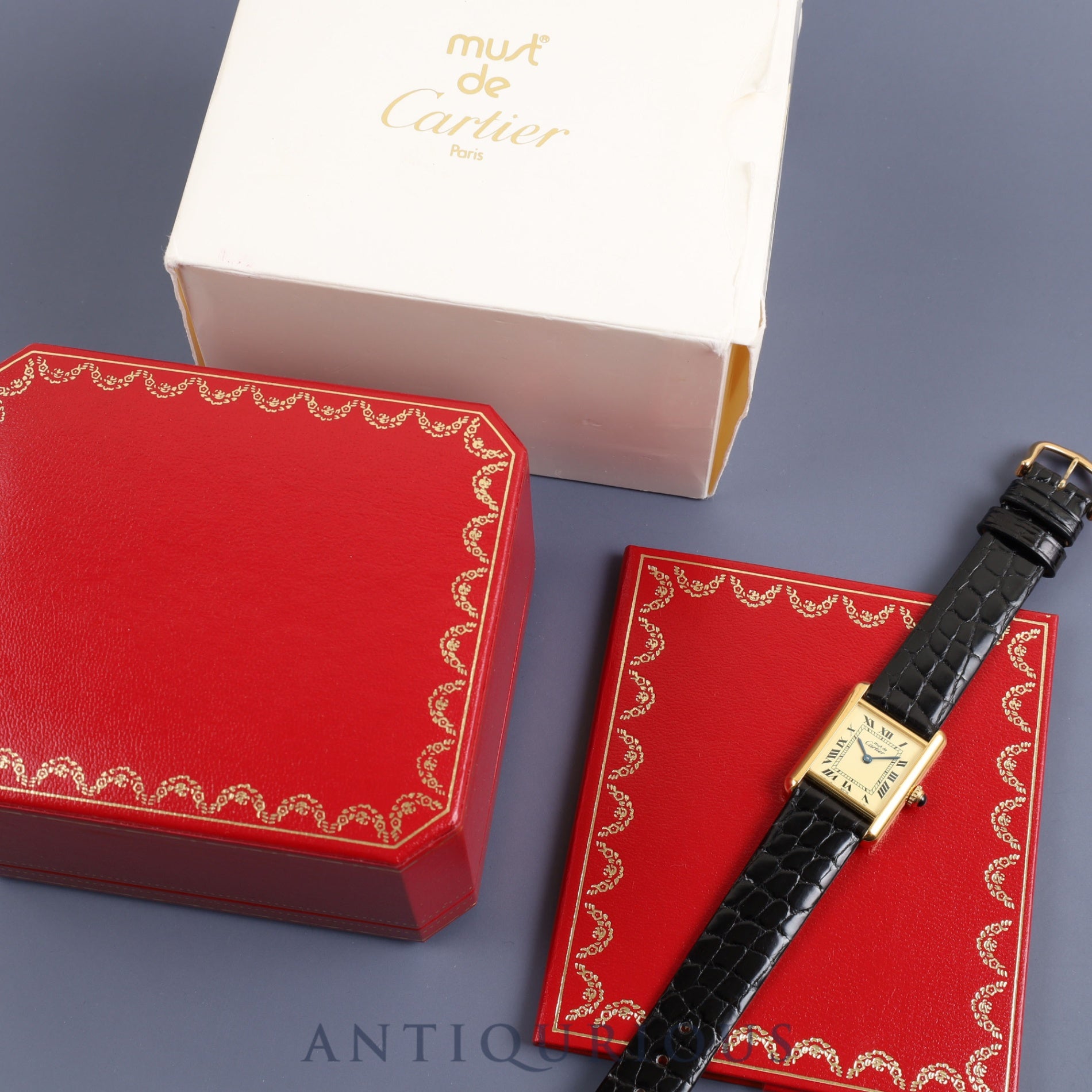 Cartier Must Tank SM 1613 Quartz Cal.057 SV925 Leather Genuine Buckle (GP) Ivory Dial Box Booklet Overhauled