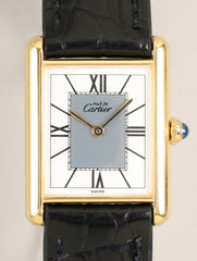 Cartier Must Tank LM 590005, Quartz Cal. 90.06, Silver 925, Leather strap with original pin buckle (GP), Center gray dial with Roman numerals (SWISS mark), Overhauled, Polished.