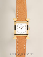 Hermès H-Watch HH1.201 Quartz Cal.901.001 GP/SS Leather Original Pin Buckle (GP) White Arabic Dial (SWISS MADE) Box, Booklets, Warranty Card (2021) with Original Leather Strap, Overhauled