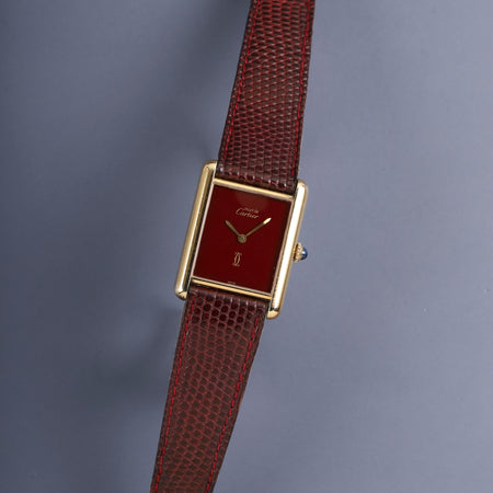 カルティエ マストタンク LM 手巻き Cal.78-1 SV925 純正革ベルト 純正ピンバックル（GP）ガーネットダイアル ボルドー文字盤（SWISS表記）オーバーホール済み