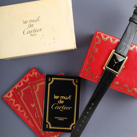 カルティエ マストタンク LM 手巻き Cal.78-1 SV925 革 純正ピンバックル（GP）オニキス文字盤（SWISS表記）オーバーホール済み 新品仕上げ済み