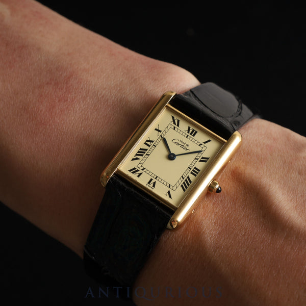 カルティエ マストタンク LM 681006 クォーツ Cal.81 SV925 革 純正尾錠（GP） アイボリーローマン文字盤 オーバーホール済み