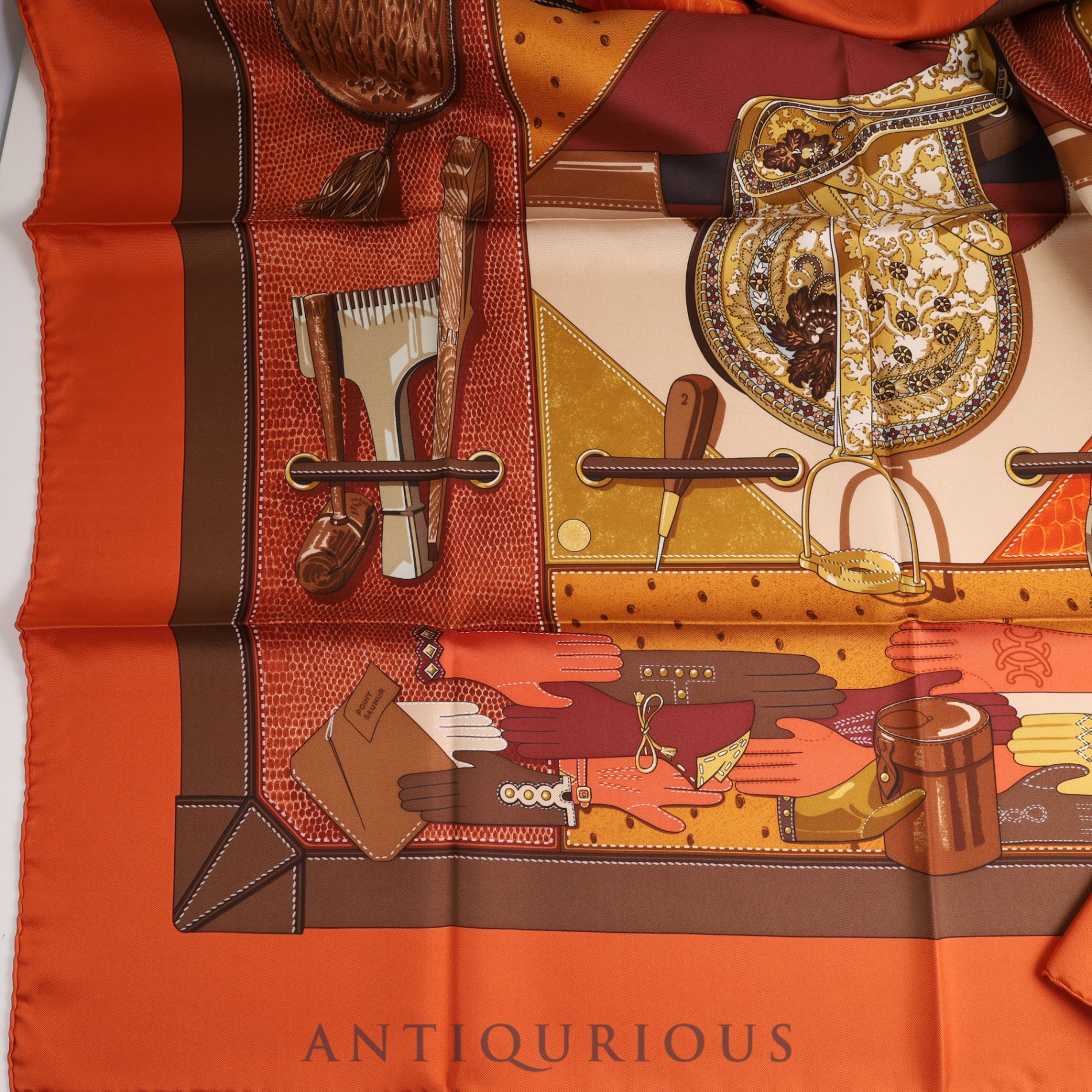 Hermes Scarf Carre 90 TOUT CUIR All leather Brown x Orange 100% SILK Case