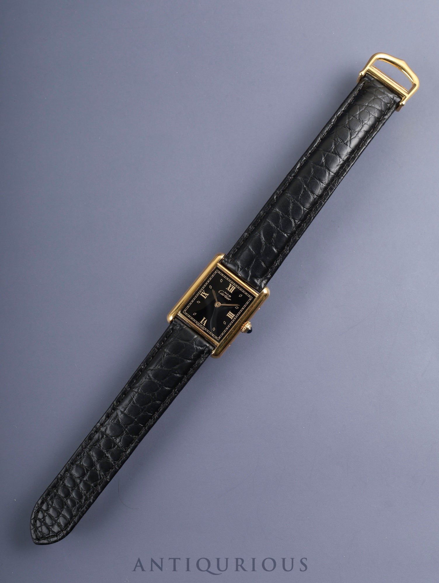 カルティエ マストタンク LM 590005 クォーツ SV925 革 純正Dバックル（GP） ブラック飛びローマン文字盤（SWISS MADE表記）  カルティエブティックにてコンプリートサービス済み