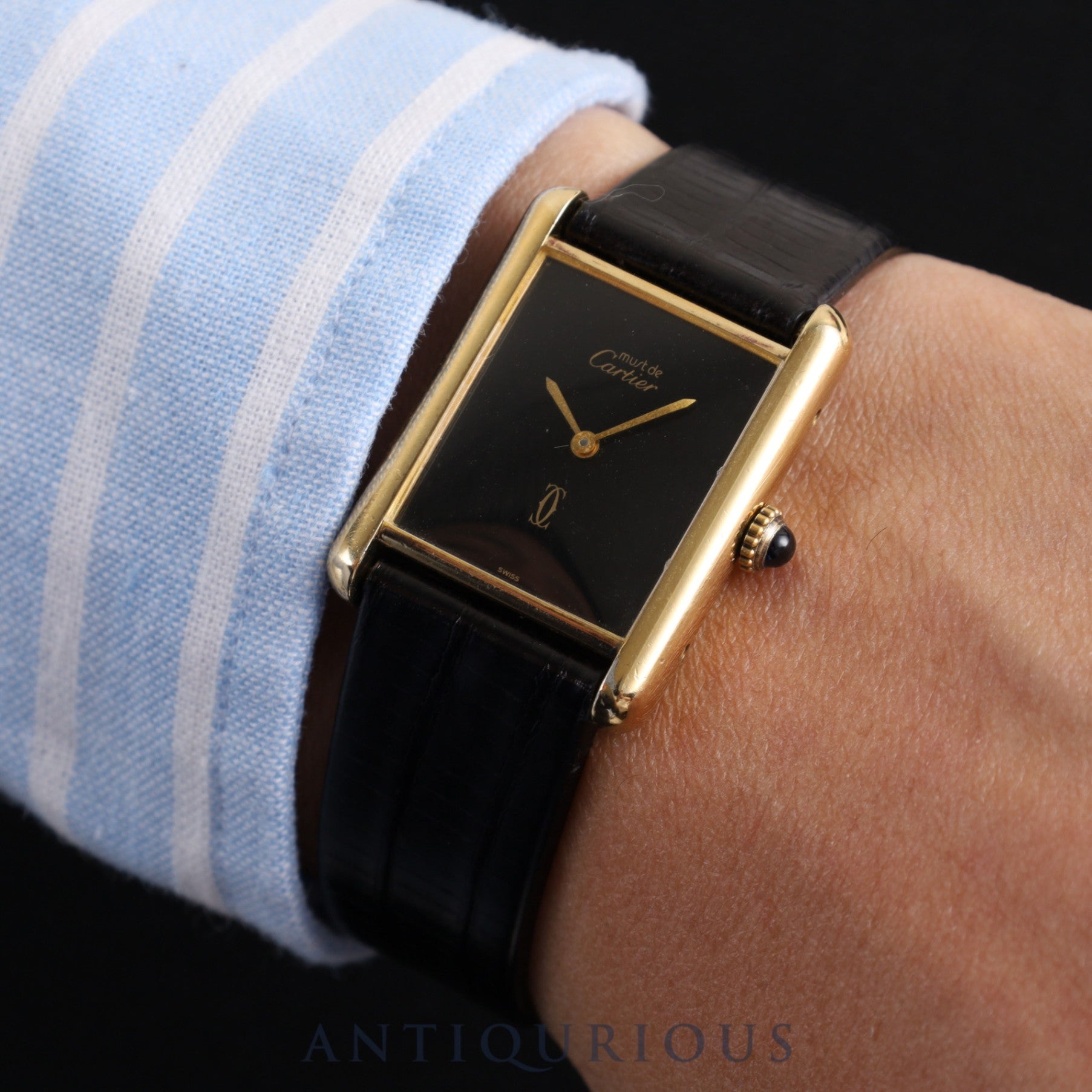 Cartier Must Tank LM Manual winding Cal.78-1 SV925 Leather Genuine buckle (GP) Black onyx dial Box Overhauled