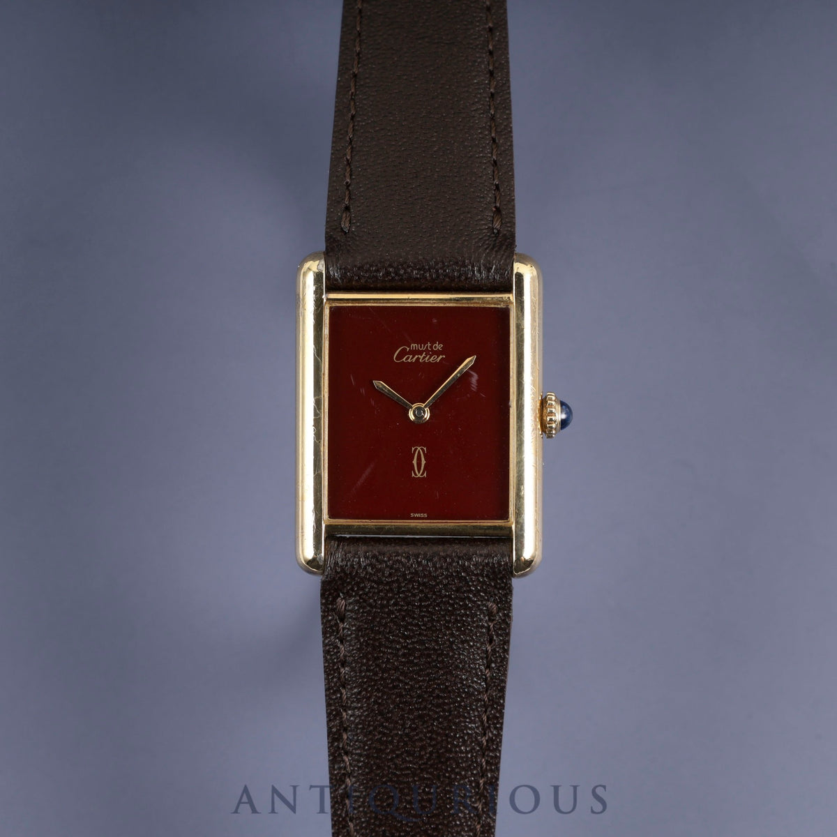 Cartier Must Tank LM Manual Winding Caliber 78-1 SV925 Leather Strap with Genuine GP Buckle, Bordeaux Dial, Garnet Dial, Overhauled