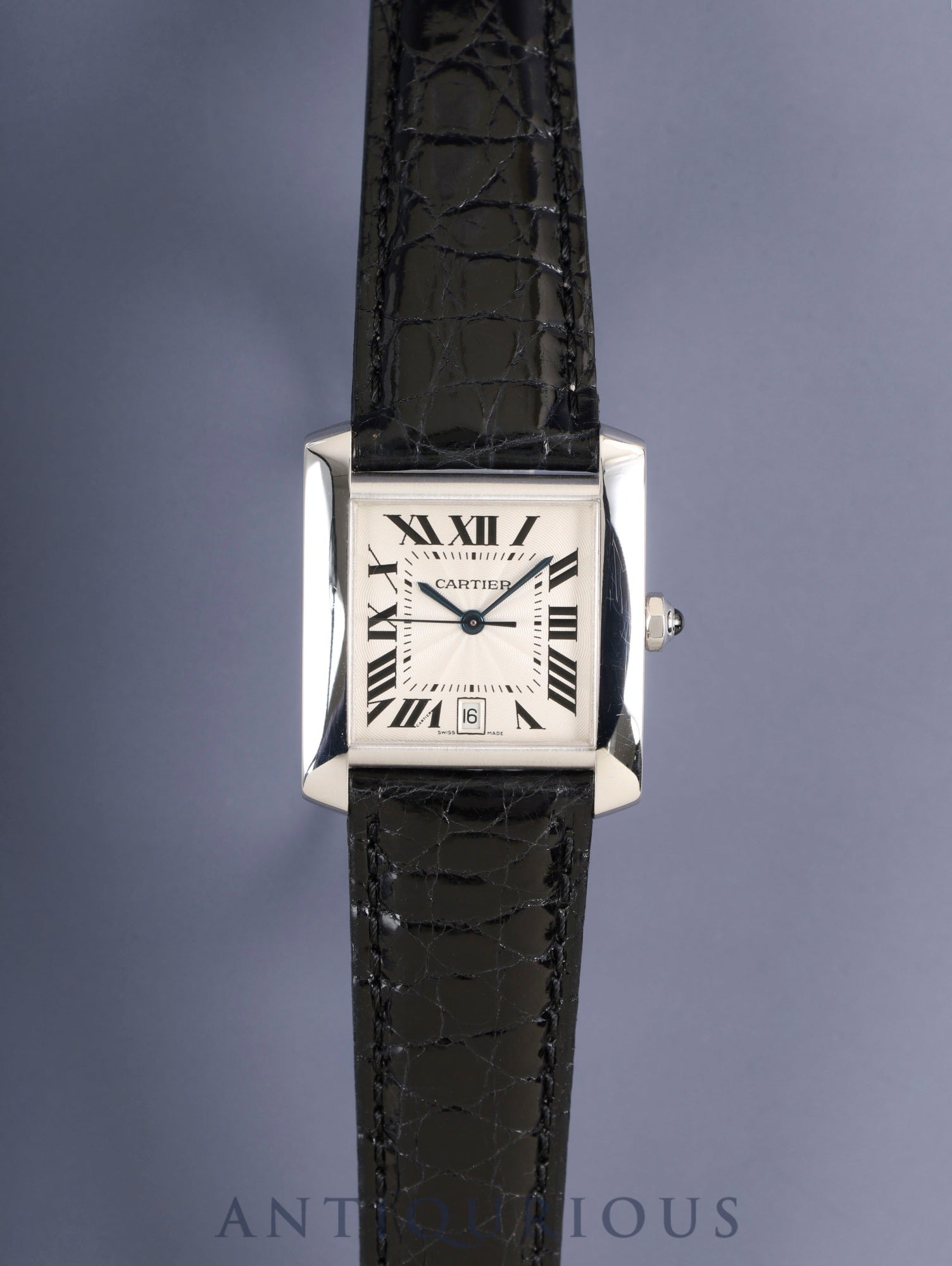 Cartier Tank Française LM W50011S3 / 2366 Automatic Cal.- 750WG Leather Original pin buckle (SS) Silver guilloché Roman numerals Overhauled
