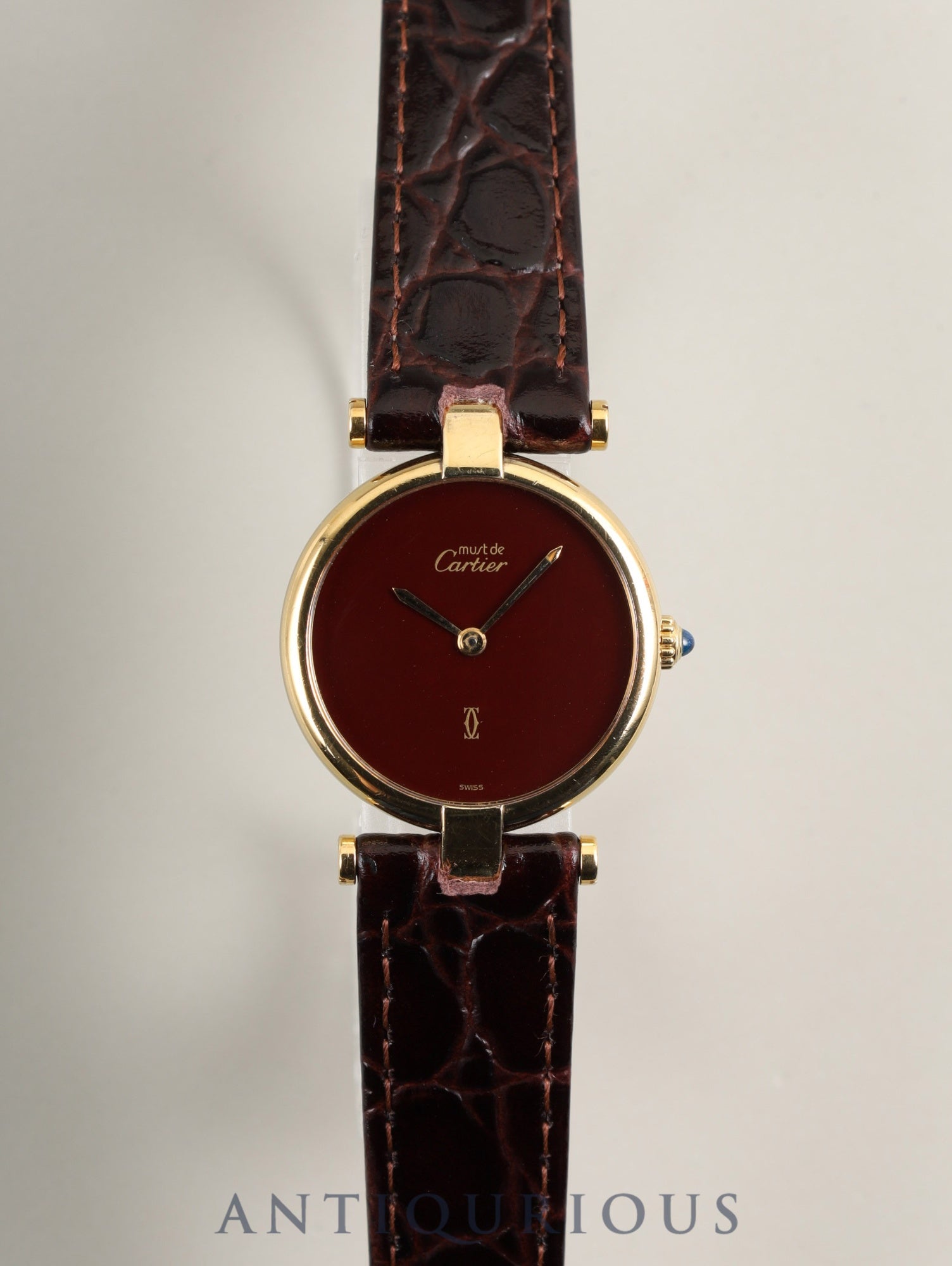 カルティエ マスト ヴァンドーム VLC SM 18 クォーツ Cal.81 SV925 革 純正尾錠（GP） ガーネットダイアル ボルドー文字盤 箱 冊子 保証書（1987年）オーバーホール済み