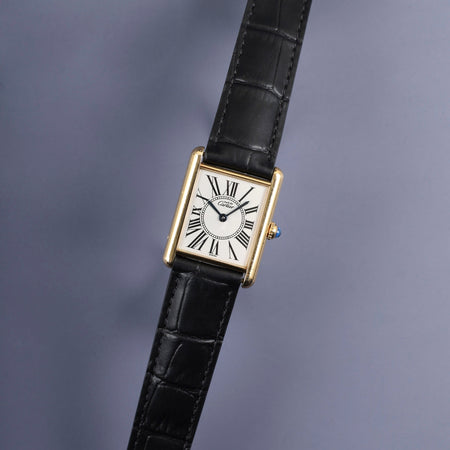 Cartier Must Tank LM W1005554 / 590005 Quartz Caliber 90 SV925 Leather Watch with Genuine D-buckle (GP) Opalescent Dial Overhauled