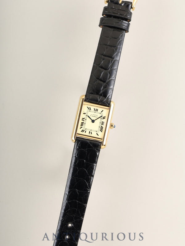 カルティエ マストタンク SM 3 66001 クォーツ SV925 革 純正ピンバックル（GP）アイボリーローマン文字盤（SWISS表記） 箱 保証書（1988年） 済オーバーホール済み