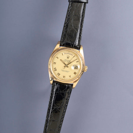 ロレックス デイデイト 18038 自動巻き Cal.3055 750YG 革 純正ピンバックル（GP） シャンパン文字盤 62番台（1979年）オーバーホール済み