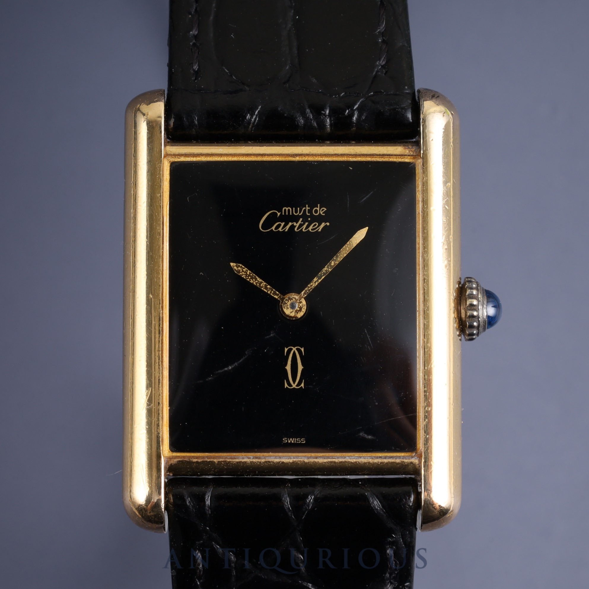 Cartier Must Tank LM Manual winding Cal.78-1 SV925 Leather Genuine buckle (GP) Onyx dial Overhauled