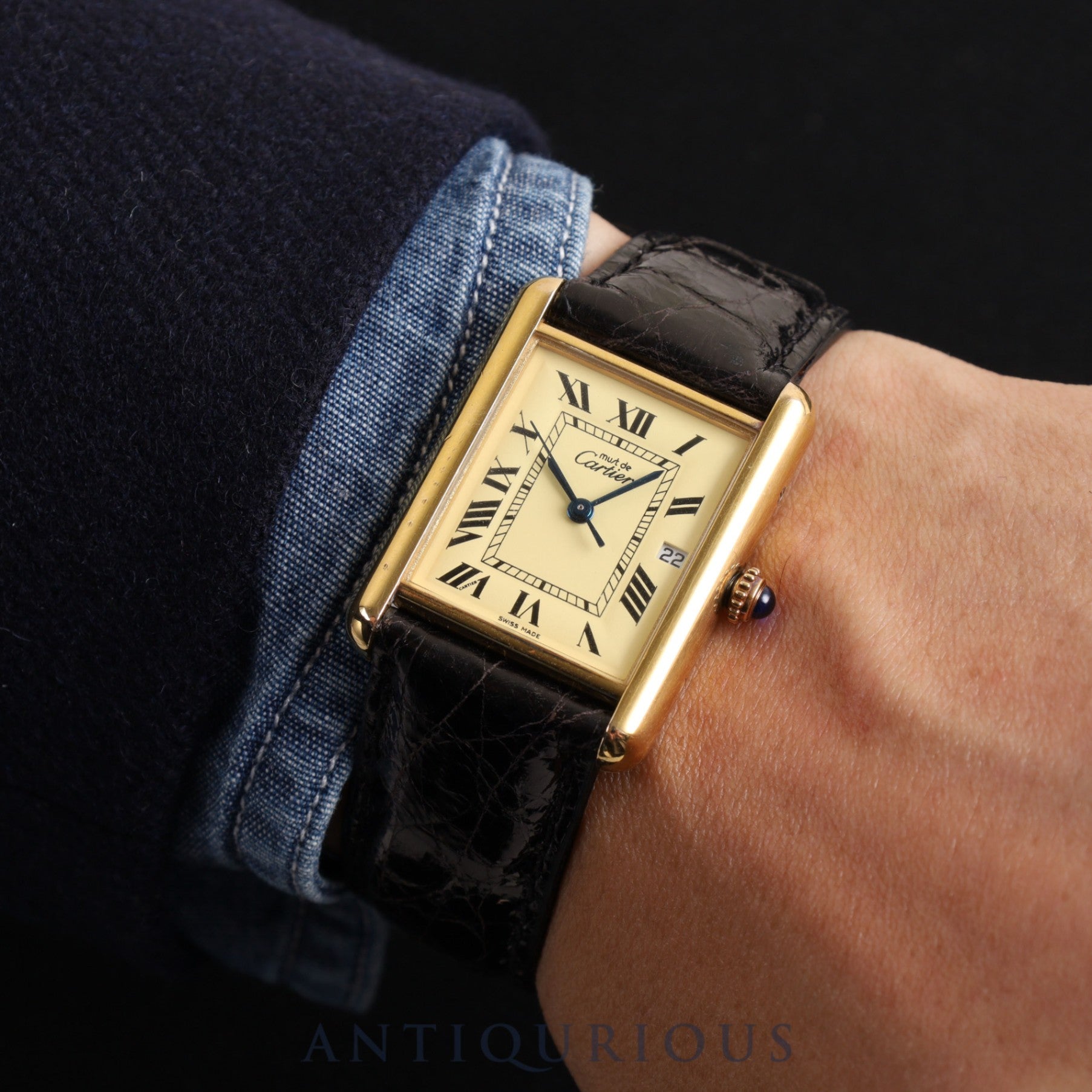 CARTIER MUST TANK GM (XL) W1017454 / 2413 Quartz Cal.687 925 Leather Ivory Roman Dial Circa 1990-2004 Box Overhauled