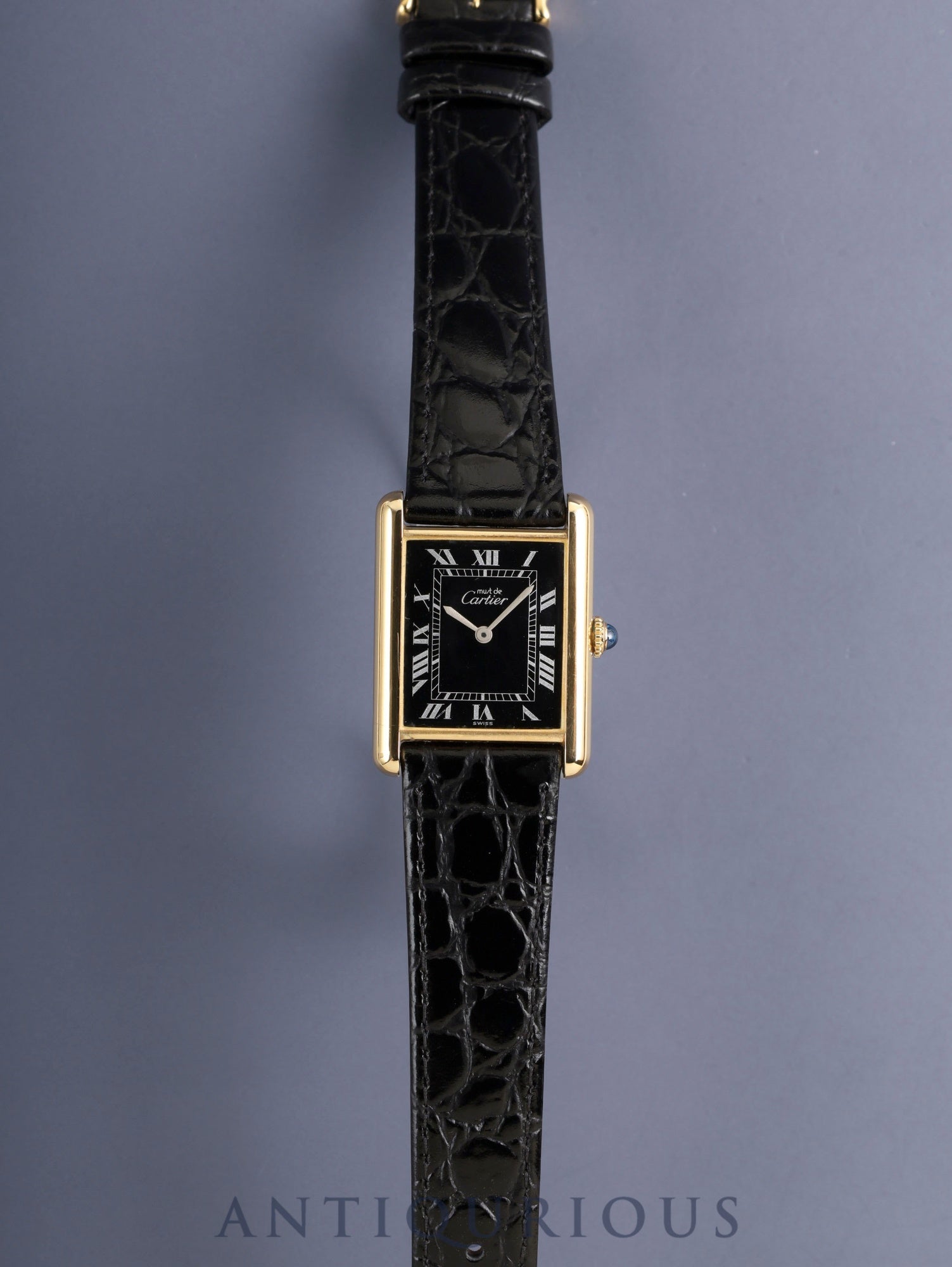 カルティエ マストタンク LM 手巻き Cal.78-1 SV925 革 純正ピンバックル（GP）ブラックローマン文字盤（SWISS表記） オーバーホール済み