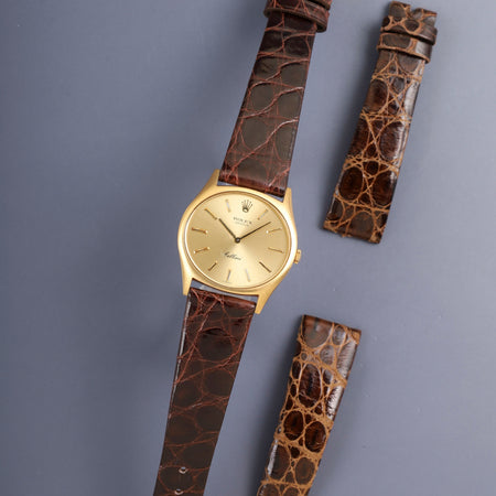 ロレックス チェリーニ 3806 手巻き Cal.1600 750YG 革 純正ピンバックル（GP）シャンパン文字盤 42番（1974年） 純正レザーベルト付き オーバーホール済み