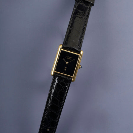 カルティエ マストタンク LM 681006 クォーツ Cal.81 SV925 革 純正尾錠（GP） オニキス文字盤 オーバーホール済み 新品仕上げ済み