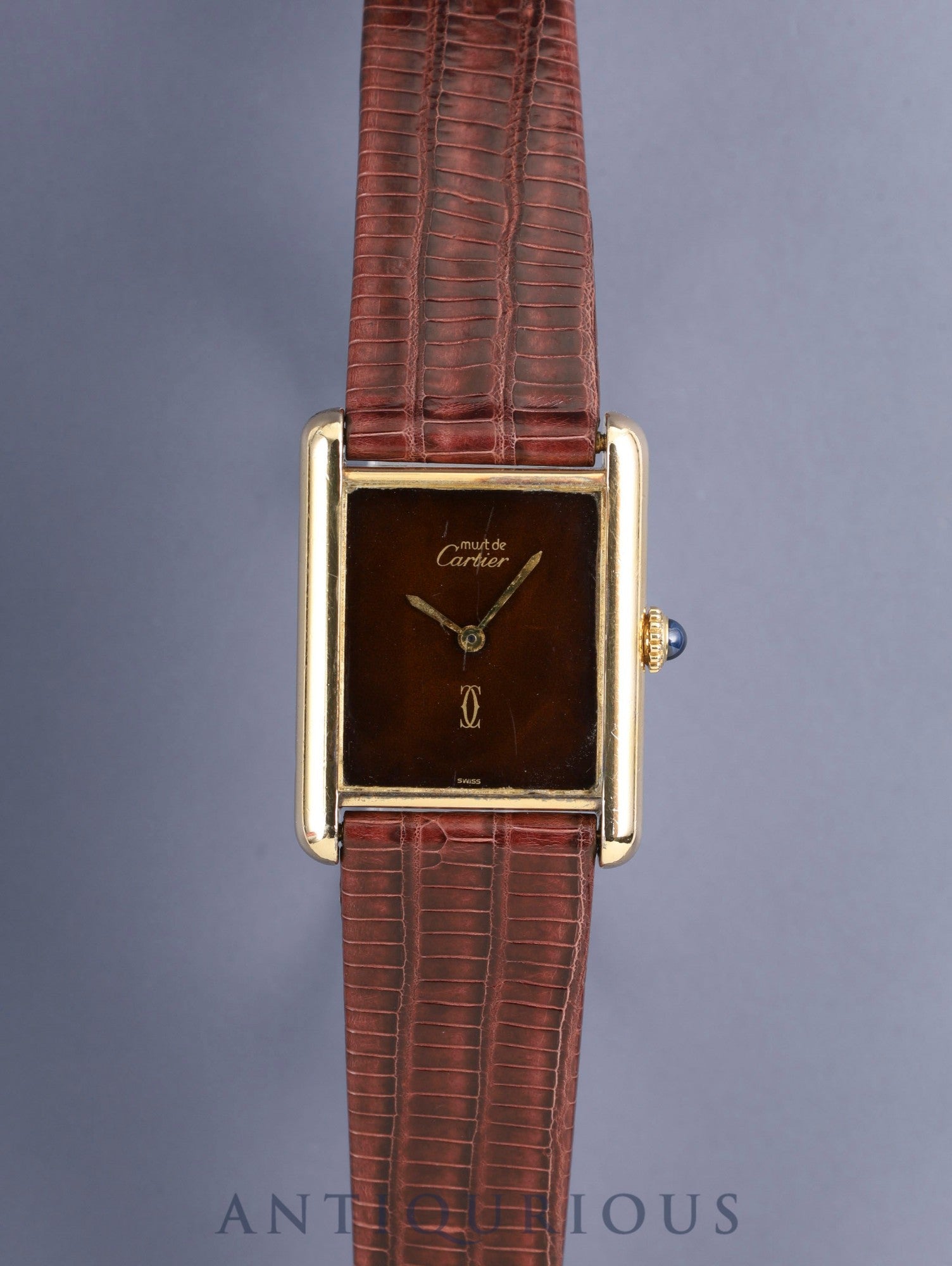 カルティエ マストタンク LM 手巻き Cal.78-1 SV925 革 純正ピンバックル（GP）マホガニー文字盤（SWISS表記） オーバーホール済み ※ケース裏彫り有り
