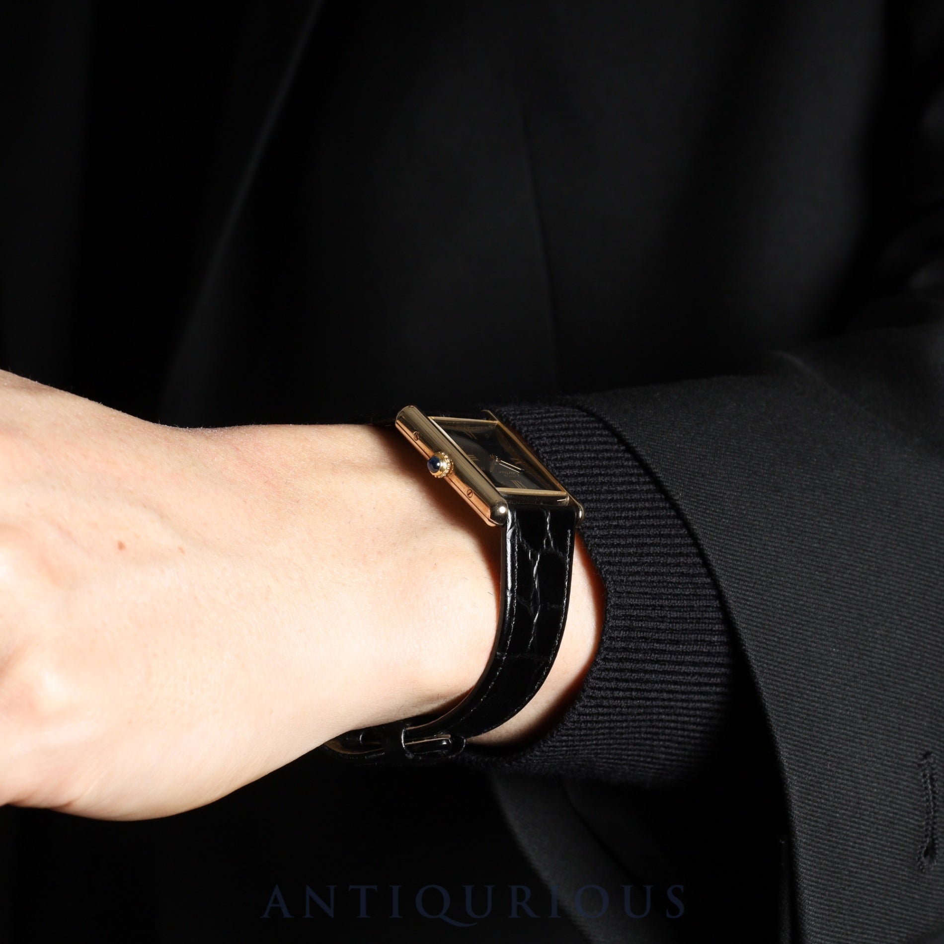 カルティエ マストタンク LM 590005 クォーツ Cal.- SV925 革 純正尾錠（GP）ブラック飛びローマン文字盤 1982年頃～1995年頃 カルティエブティックにてコンプリートサービス済み