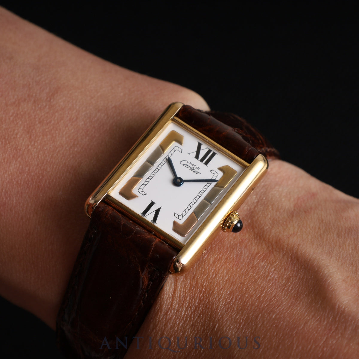 Cartier Must Tank LM 590005 Quartz Caliber 90 SV925 Leather Strap with Genuine GP Buckle, Side Trinity Dial, Overhauled