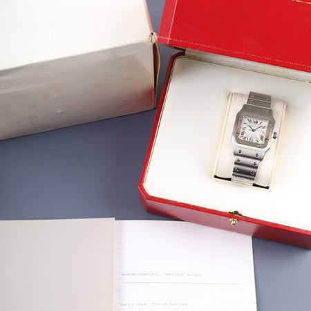 Cartier Santos Galbee LM 2319 Automatic Stainless Steel Watch with Silver Guilloche Dial, Box, Booklet, Warranty Card, Complete Serviced at a Cartier Boutique